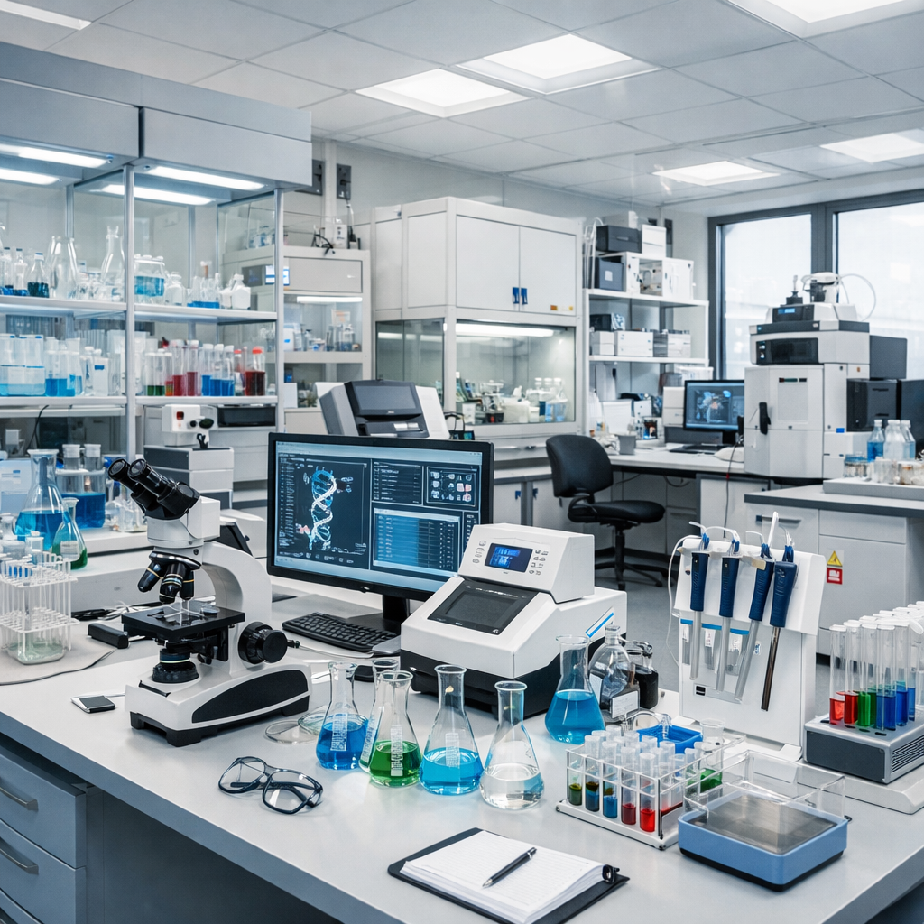 Laboratory bench with microscope, computer displaying DNA analysis, pipettes, and colorful liquid-filled glassware