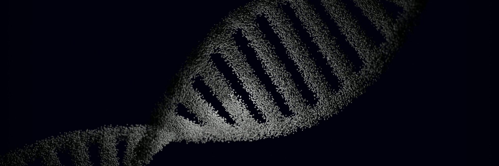 Artistic rendering of a DNA strand with particle effects against a dark background.